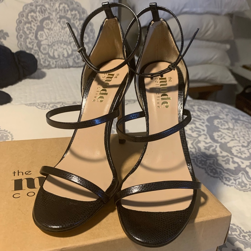 The mode collective black lizard triple strap heel